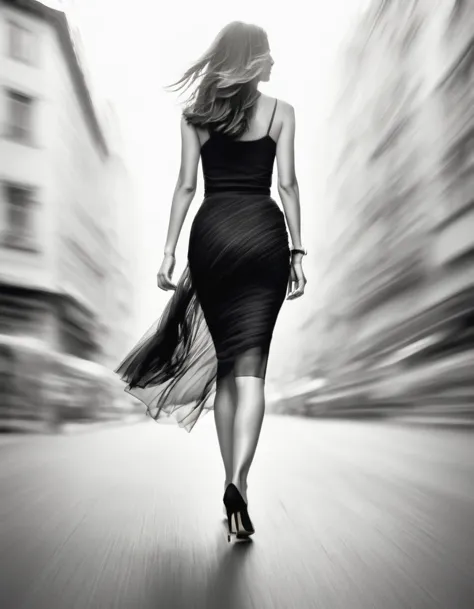 Motion blur, black and white close-up, white background, (back of a woman walking home in a hurry: 1.3),Hips，High-end black gauz...