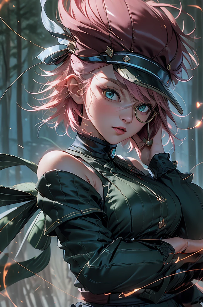 (masterpiece:1.3), (absurdres:1.3), (best quality:1.3), (ultra-detailed:1.3), 1girl, charlotteid, waving, pink hair, hat, gloves, monocle, bare shoulders, green eyes, long sleeves, short hair, detached sleeves, skirt,  upper body, looking at viewer, forest, magical tree, sunlight, light ray, 