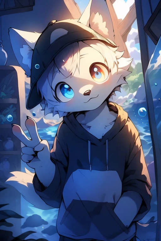 masterpiece, best quality, bright eyes, detailed eyes, furry, wolf, male, baggy clothing, baseball cap, v sign, (head tilt:1.3), high saturation, colorful, detailed background, perfect lighting, shadow, aquarium, window, deep blue theme, bubble