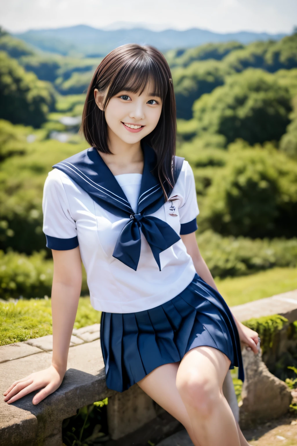 masterpiece, highest quality, 8k, 1 girl, (16 years old), Ten generations, smile, One Japan Beauty, (Super cute idol-like face:1.2), Delicate girl, Black Hair, Middle bob hair, Straight hair, bangs, View your viewers, Frank, Sophisticated, Professional Lighting, Film Grain,  whole body, Beautiful appearance, In the background is beautiful countryside, green forests and blue skies.,  (White shirt, Sailor , navy pleated skirt:1.2), Small breasts, Sit on a bench,