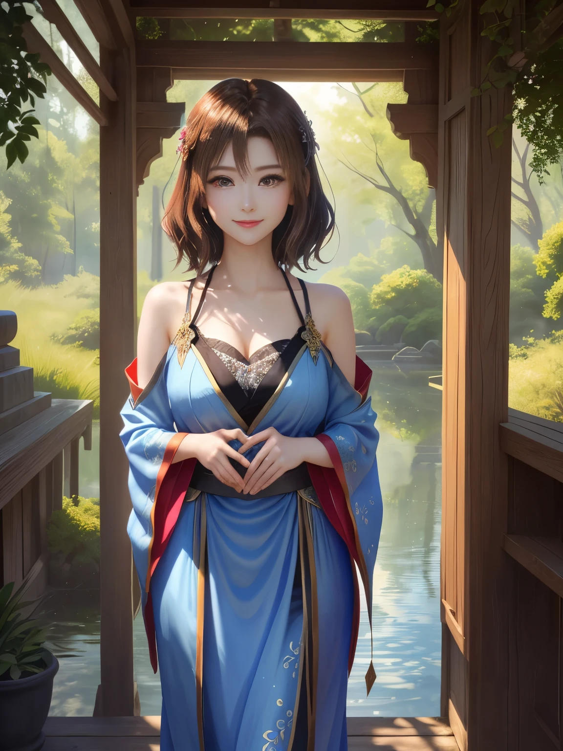 masterpiece , best quality,smile,smile,Small face,Exposed shoulders,golden kimono,A little cleavage exposure,Double Eyes,Beauty,Beauty,beautiful girl,Stand firmly on both feet,Charm,Adult,lure,Big eyes,Light brown hair,Mysterious World,Water God殿,in the forest,Water God,Mythical God,Light blue mysterious atmosphere,Water sources surround the area,Light blue Mysterious background,Gorgeously curled hair,Slim figure,Brown eyes,Faithfully reproduced contrast,Short Hair,Beautiful short hair,Berry Short,Short Hair,Just One,Precision quality,A faithful reproduction of the human eye,Light blue mysterious atmosphere,Light blue Mysterious background,Beautiful details, colorful, Subtle details, Delicate lips, Intricate details, Genuine, ultrargenuineista, Mature, Wide-open eyes, raposa de Beautiful digital art,Shrine maiden,Exquisite digital illustration, mizutsune,Pixiv Digital Art, Shining Light, High Contrast, Mysterious,Take center,View your viewers