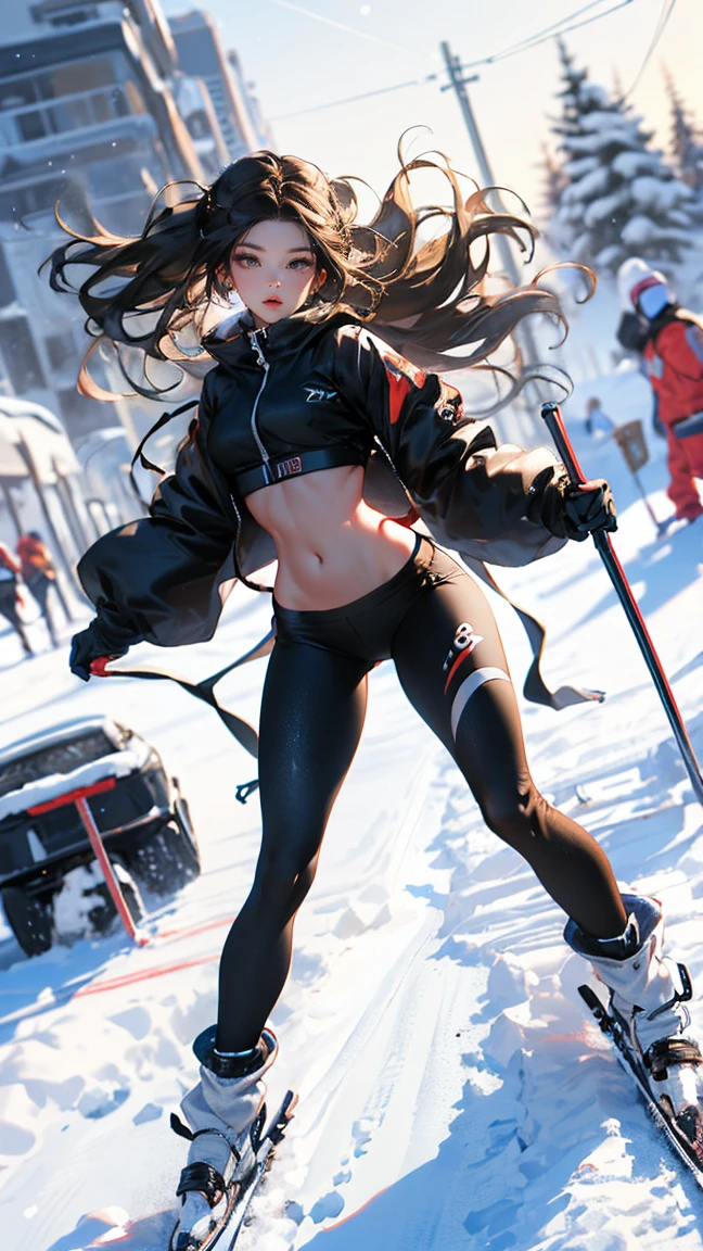 Dynamic poses, Full body image, Ultra wide angle, Girl wearing fluorescent red clothes skiing in the snow, Meticulous attention to clothing and fashion, action,_, Exposing the belly, (Slim:1.1), (Long legs:1.3), (Slim legs:1.2), Background is snow, 3D Rendering, Overclocking Renderer, 8k