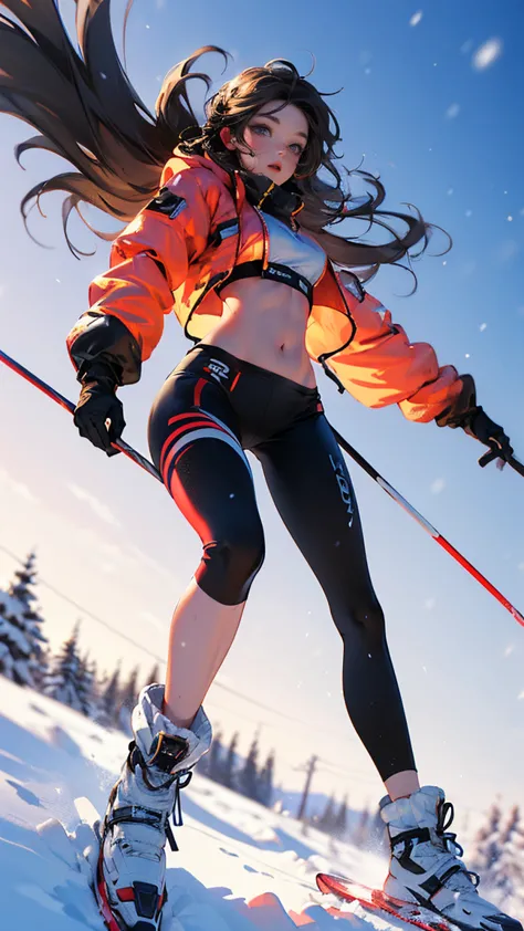 Dynamic poses, Full body image, Ultra wide angle, Girl wearing fluorescent red clothes skiing in the snow, Meticulous attention ...