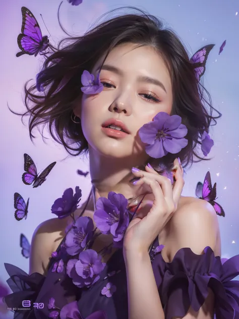 Purple flowers floating in the air，woman in purple dress, inspired by Yanjun Cheng, Artwork in the style of Guweiz, Beautiful di...
