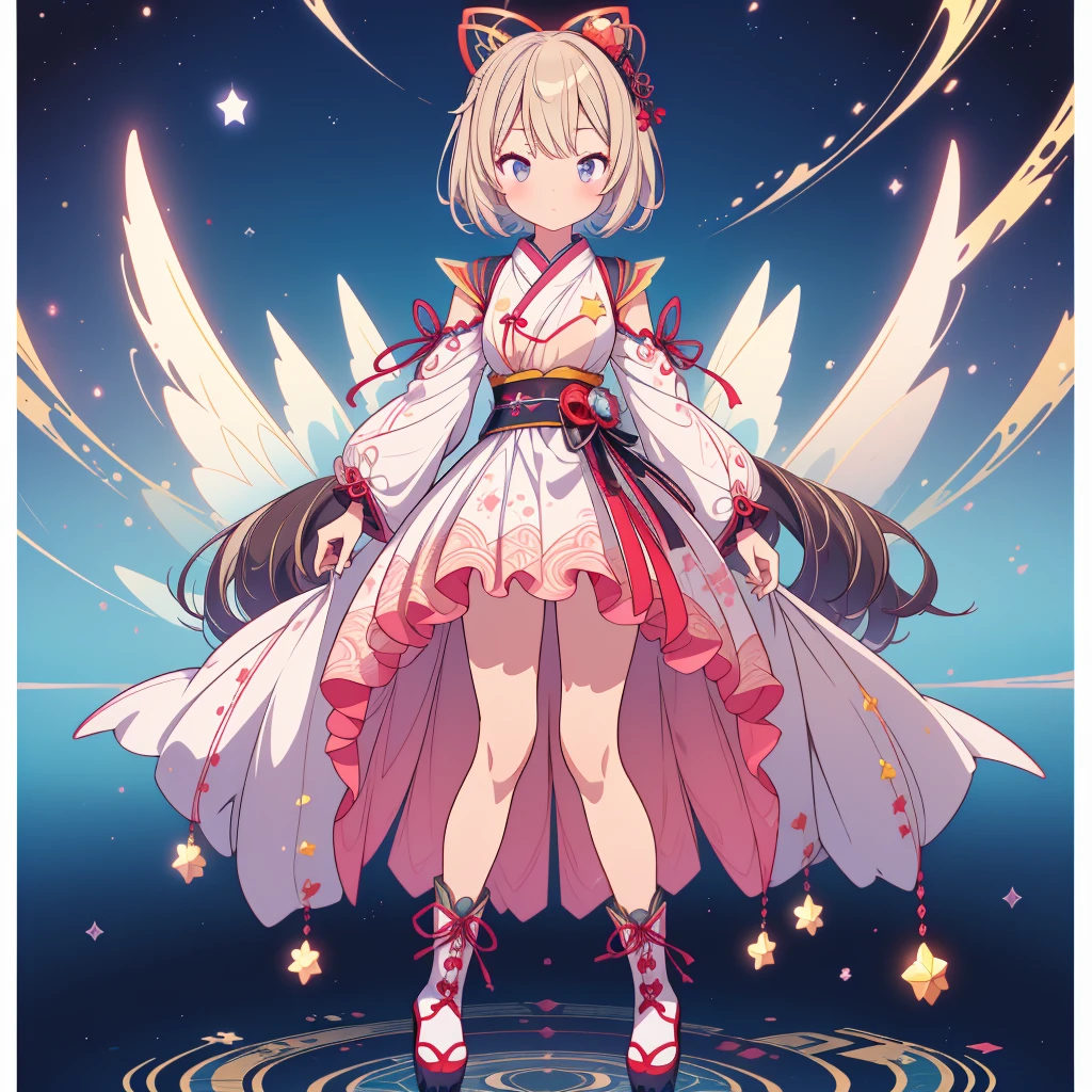 1girl、vtuber-fullbody、Star Fairy、Masterpiece、Official Art、Super detailed、super beautiful、かわいいStar Fairy、white straight short hair、Milky Way、universe、star charm、Star、Baby Face、Knee-high boots、Japanese pattern dress、着物をリメイクしたOiranフリルゴスロリ、universeを思わせるOiranフリルドレス、Oiran