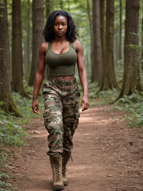 A female soldier walking in a forest, african face:0.9, black skin, (busty body), big breasts:1.3, cleavage, short wavy hair, se...