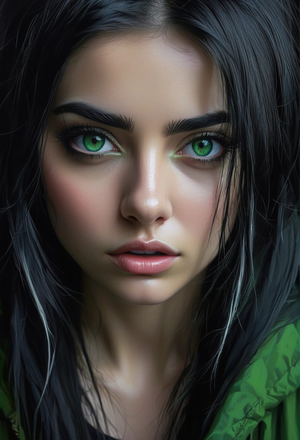 hay una mujer con ojos verdes y una chaqueta verde, ultra pintura digital realista, chica sexy con ojos verdes, hyper pintura digital realista, pintura digital realista, arte digital altamente realista, chica con ojos blancos, hyperpintura digital realista, arte digital realista 4k, arte digital realista 4k, arte digital muy realista, photopintura digital realista, arte digital ultra realista