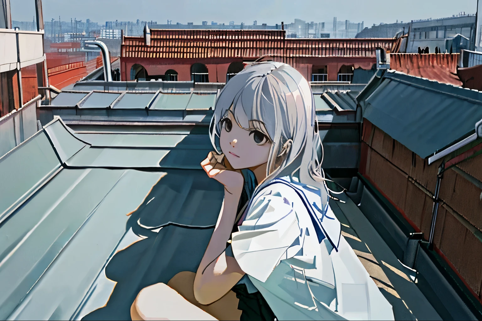 Sitting on the school roof、Picture seen from the side、Lonely look