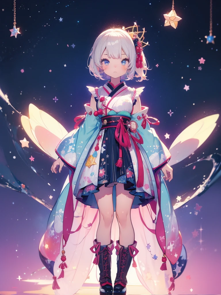 1 девушка、vtuber-fullbody、звезда Fairy、шедевр、официальное искусство、супер подробный、супер красивая、かわいいзвезда Fairy、белые прямые короткие волосы、Млечный Путь、вселенная、звездное очарование、звезда、детское лицо、Высокие сапоги、Платье с японским узором、Красивая девушка в черно-белой одежде, напоминающей юката..、вселеннаяを思わせるОйранフリルドレス、Ойран