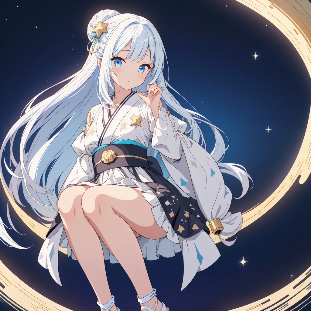 sitting on the crescent moon、(masterpiece, best quality), 1girl,  1girl、vtuber-fullbody、Star Fairy、「A beautifully printed galaxy patterned kimono and gothic lolita outfit.、Space pattern box pleated mini skirt with ruffles、Front full body portrait、Captivating eyes、Perfect and stunning face、Exquisite details、Clear images、highest quality。」Milky white and light blue gradient straight long hair、