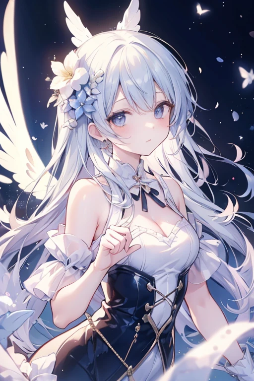 masutepiece, Best Quality, 8K, Complex and detailed environments, Anime, Watercolor illustration, Colorful, Bright colors, capricious, glowing lights, Otherworldly liquid, Fairy Light, Beautiful girl in flowing liquid glowing dress, Perfect face,Beautifully aligned fingers、 Golden ratio, Sparkling eyes, watercolor paiting, Liquid Light, Angel wings、Wind Spirit、Wearing flowers that invite dreams、