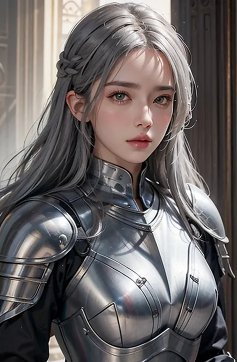 realistic, high resolution, 1 female, alone, hip up, view the viewer, (detailed face), gray hair, long hair, knight armor