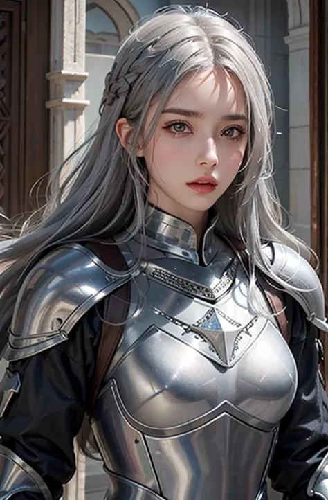 realistic, high resolution, 1 female, alone, hip up, view the viewer, (detailed face), gray hair, long hair, knight armor