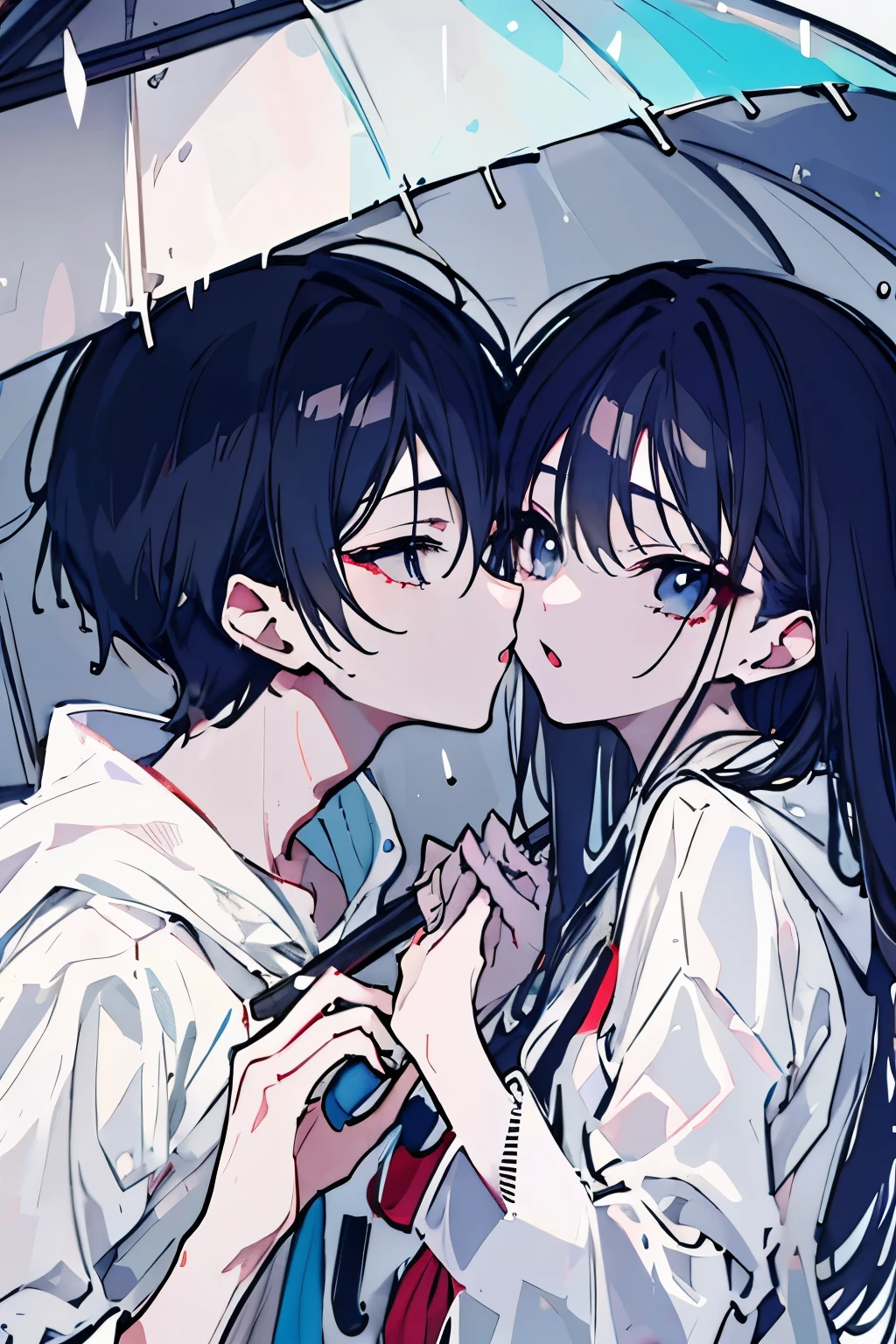 Anime couple kissing under umbrella in rain with blue sky background -  SeaArt AI