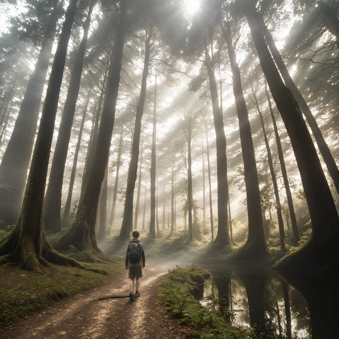 obra maestra， La mejor calidad en el mejor de los casos.， 1 traje de viajero niño，Caminando en el bosque,plano general,(el rio corre),bosque brumoso,(debajo de los árboles grandes),sombra del sol.