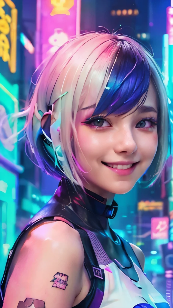 A colorful Bob cut haired punk girl, smooth white skin, innocent look, 15 years old, Ultra high res, uhd, (photorealistic:1.4), cyberpunk outfit, winking, smiling ear to ear, neon lighting