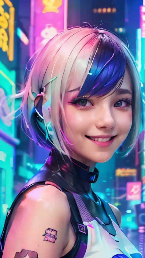 A colorful Bob cut haired punk girl, smooth white skin, innocent look, 15 years old, Ultra high res, uhd, (photorealistic:1.4), ...