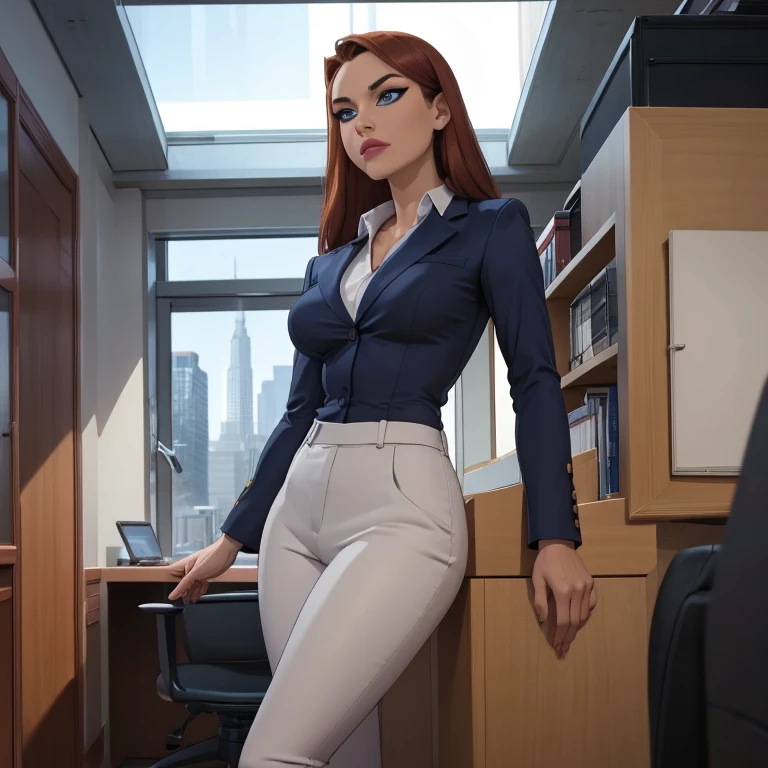 (masterpiece, high quality) woman, formal business suit, shirt, pants, solo , looking at viewer, perfect face, suits Navy blue,white shirt,sexy breasts,fit super model body, tight_fit_business_suit s, crystal blue eyes, eyelashes, makeup, skyscraper, full body, she is the boss, ultra quality 4k, super confident, sit like the boss, [From Below, Looking Up][Modern Office Setting]