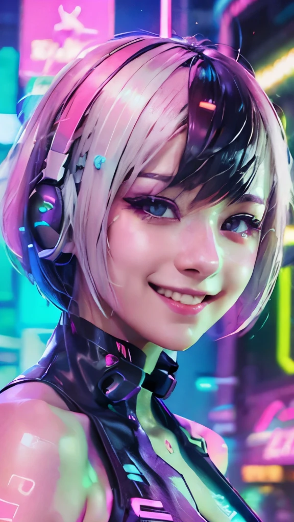 A colorful Bob cut haired punk girl, smooth white skin, innocent look, 15 years old, Ultra high res, uhd, (photorealistic:1.4), cyberpunk outfit, winking, smiling ear to ear, neon lighting
