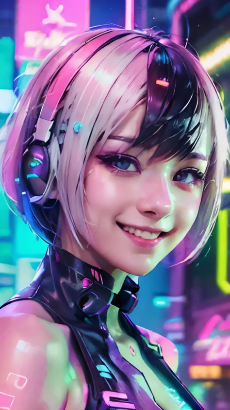 A colorful Bob cut haired punk girl, smooth white skin, innocent look, 15 years old, Ultra high res, uhd, (photorealistic:1.4), ...