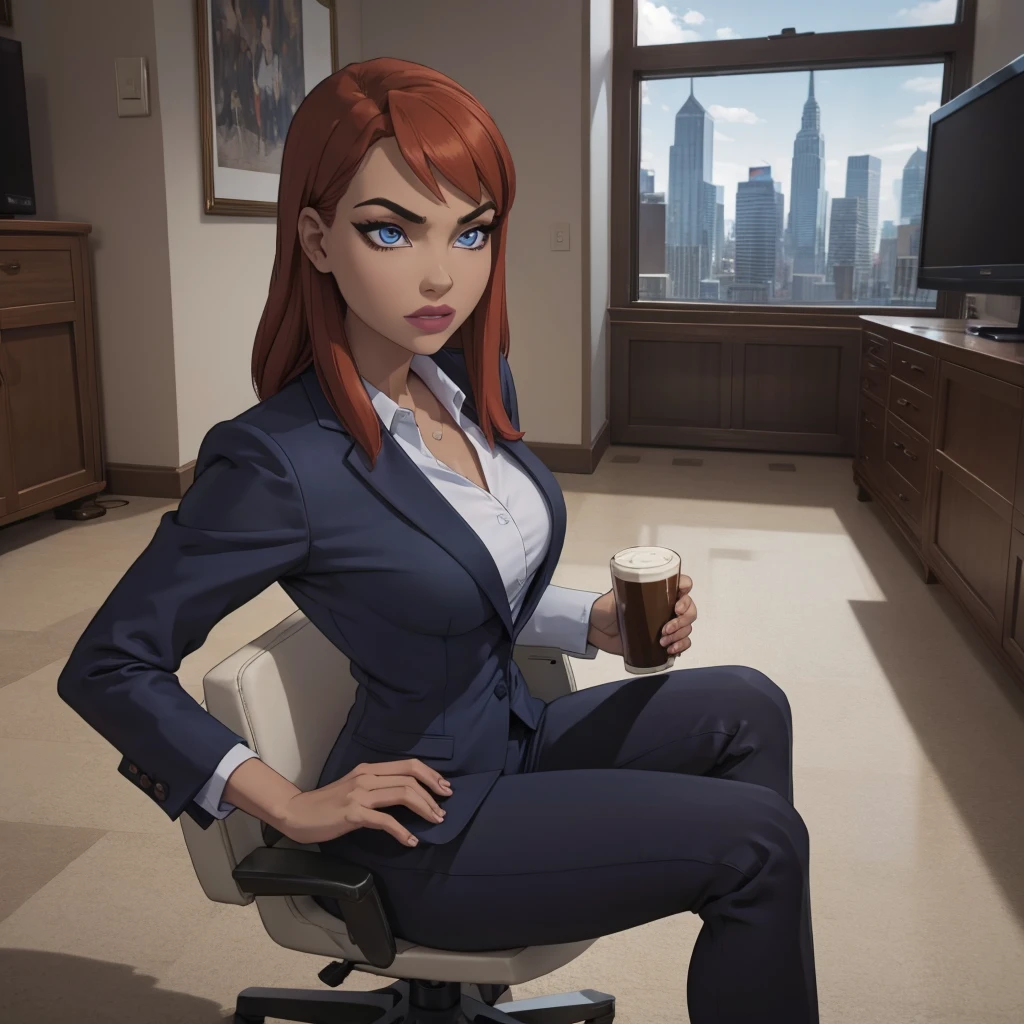 (masterpiece, high quality) woman, formal business suit, shirt, pants, solo , looking at viewer, perfect face, suits Navy blue,white shirt,sexy breasts,fit super model body, fit_business_suit s, crystal blue eyes, eyelashes, makeup, skyscraper, full body, she is the boss, ultra quality 4k, super confident, sit like the boss, [From Below, Looking Up][Modern Office Setting]