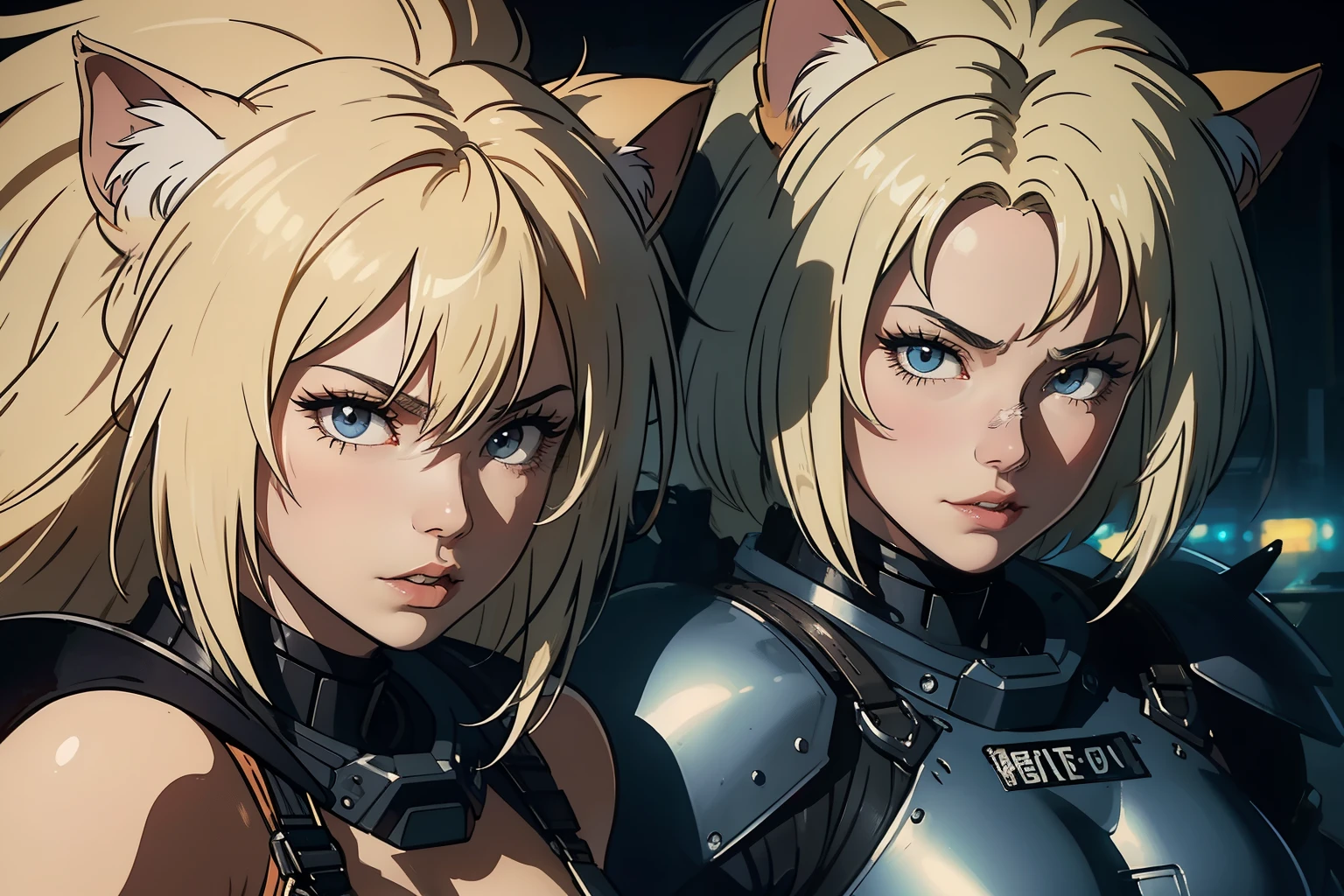 ((highest quality)), ((masterpiece)), (be familiar with), (High definition), 8K, Perfect Face、2Women、Two blonde women with cat ears、((LOL))、((tankの砲身に跨がっている))、tall、2 Blonde cat ears、2. Long Hair、2. Volumetric hair style、big breasts、Narrow waist、Big Ass、glamorous、Alluring、protector、Armor、combat suit、combat boots、Armament、Equipped with large firearms、Cinematic、Best Shadow、Side lighting、NEO TOKYO、riot、explosion、tank、helicopter、(Close-up of face)