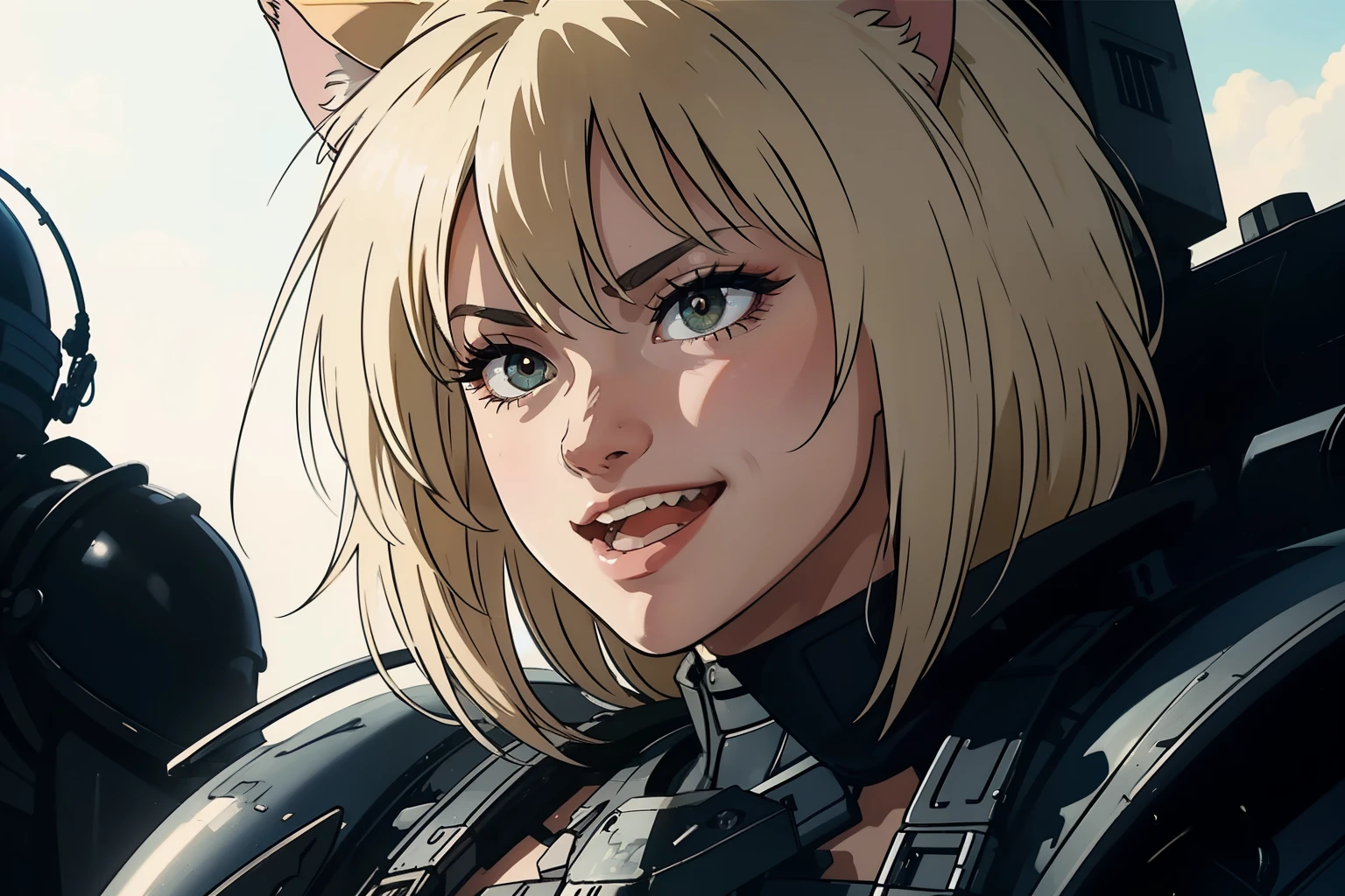 ((highest quality)), ((masterpiece)), (be familiar with), (High definition), 8K, Perfect Face、2Women、Two blonde women with cat ears、((laughing out loud))、((tankの砲身に跨がっている))、tall、2 Blonde cat ears、2. Long Hair、2. Volumetric hair style、big breasts、Narrow waist、Big Ass、glamorous、Alluring、protector、Armor、combat suit、combat boots、Armament、Equipped with large firearms、Cinematic、Best Shadow、Side lighting、NEO TOKYO、riot、explosion、tank、helicopter、(Close-up of face)