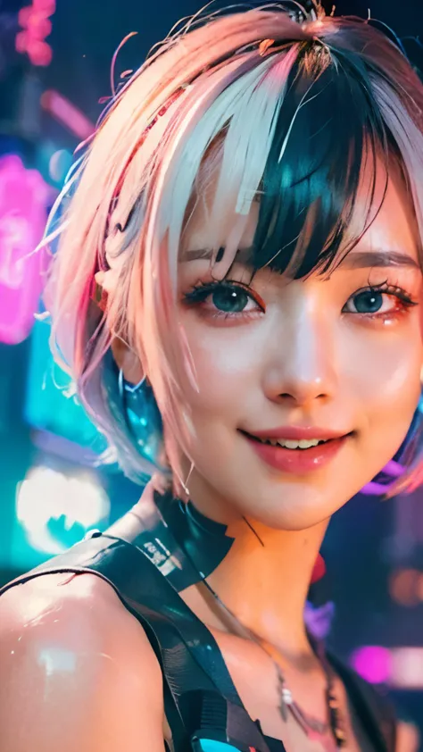 A colorful Bob cut haired punk girl, smooth white skin, innocent look, 15 years old, Ultra high res, uhd, (photorealistic:1.4), ...