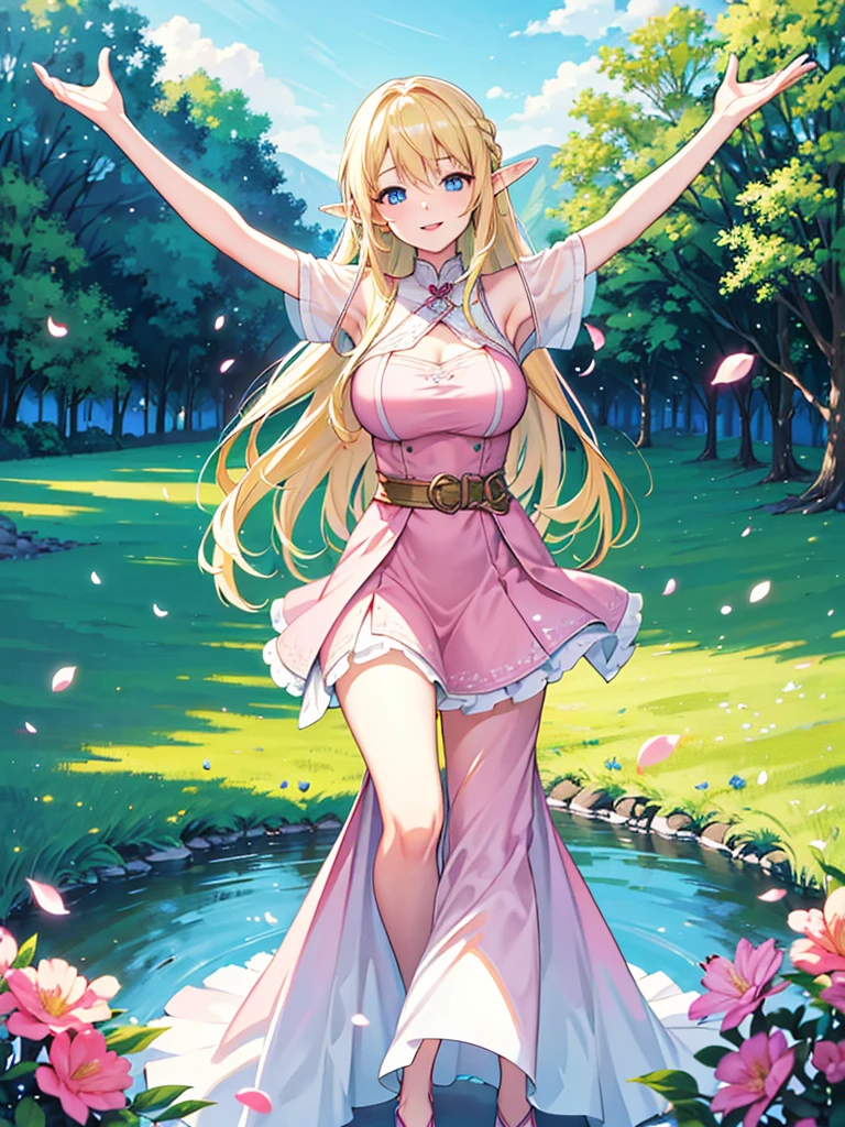 (best quality,4k,highres), realistic, HDR, an elf girl, blonde long hair, pink dress, blue eyes, smiling, detailed beautiful eyes, detailed beautiful lips, head straight staring into the viewer, warm light, blue sky, standing in the middle garden, vibrant colors, soft lighting, joyful expression, delicate facial features, flowing movement, vibrant and lively atmosphere, abundant flower petals, lush green grass, peaceful ambiance, surrounded by a variety of colorful flowers, gentle breeze, captivating and enchanting scenery.