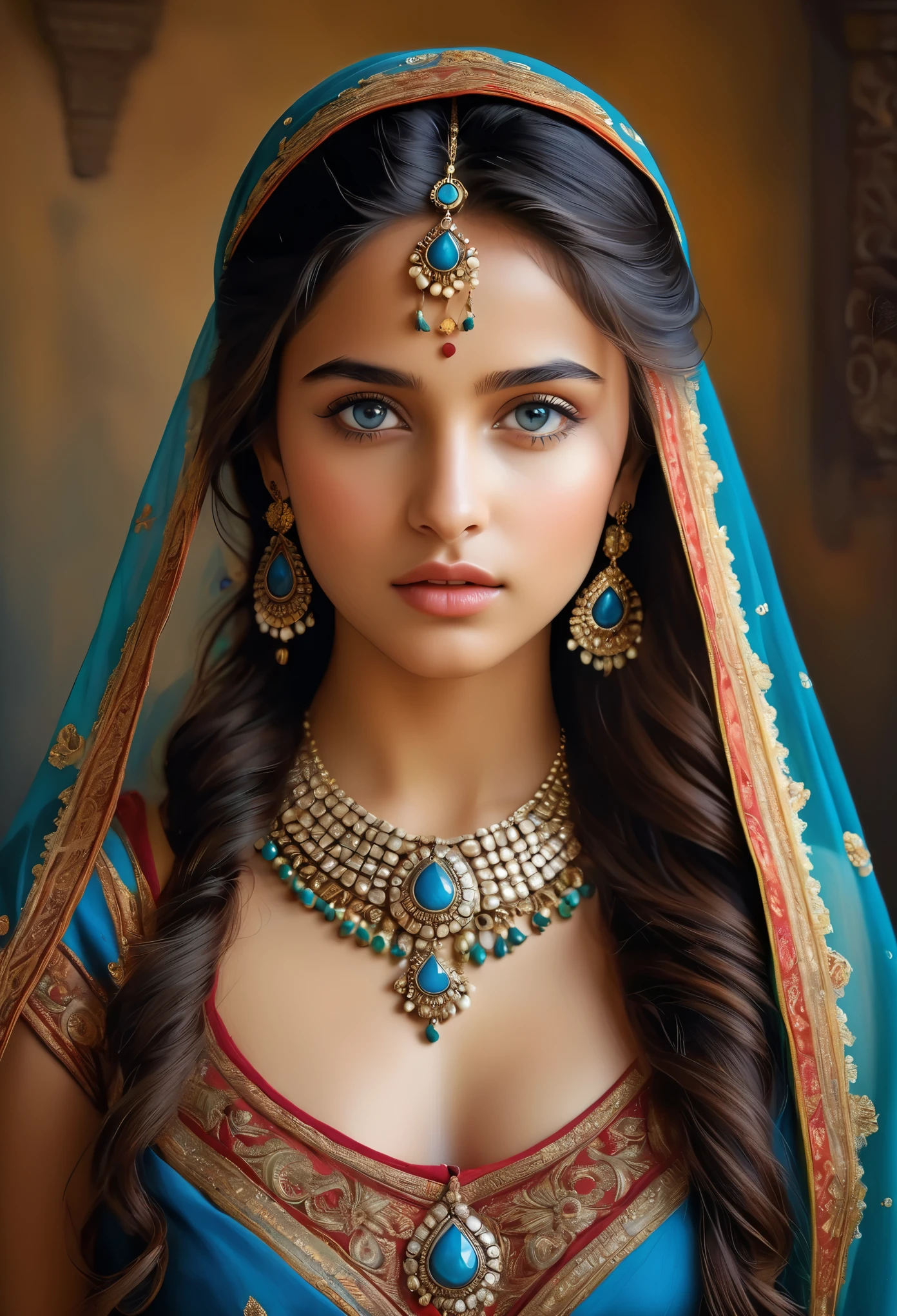 (best quality,highres,masterpiece:1.2),ultra-detailed,(realistic,photorealistic,photo-realistic:1.37),18-year-old Roma girl's portrait, exotic and exquisite beauty, oil painting, detailed facial features, mysterious deep blue eyes, luscious lips, long eyelashes, porcelain-like complexion, flowing dark hair, delicate features, vibrant colors, intricate jewelry, traditional dress, graceful posture, capturing the essence of Roma culture, natural lighting, mesmerizing gaze, enchanting atmosphere.
