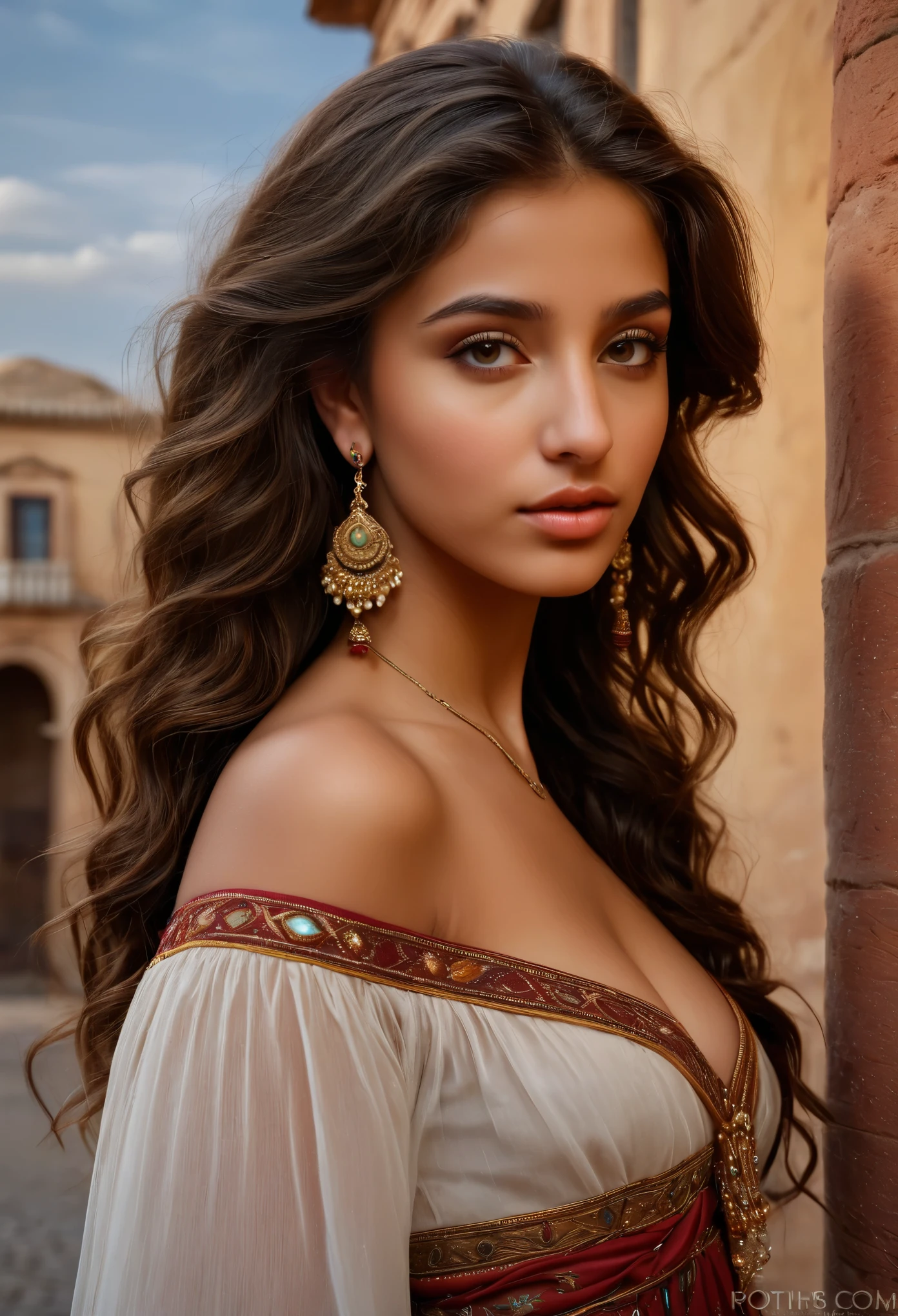 (best quality,highres,masterpiece:1.2),ultra-detailed,(realistic,photorealistic,photo-realistic:1.37),18-year-old Roma girl's portrait, exotic and exquisite beauty, oil painting, detailed facial features, deep eyes, luscious lips, long eyelashes, porcelain-like complexion, flowing dark hair, delicate features, vibrant colors, intricate jewelry, traditional dress, graceful posture, capturing the essence of Roma culture, natural lighting, mesmerizing gaze, enchanting atmosphere.