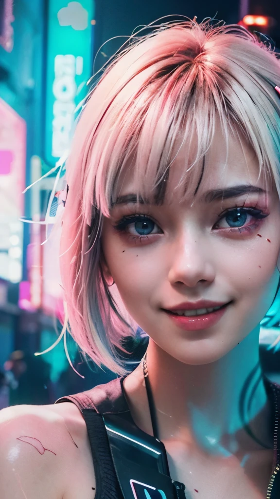 A colorful Bob cut haired punk girl, smooth white skin, innocent look, 15 years old, Ultra high res, uhd, (photorealistic:1.4), cyberpunk outfit, winking, smiling ear to ear, neon lighting