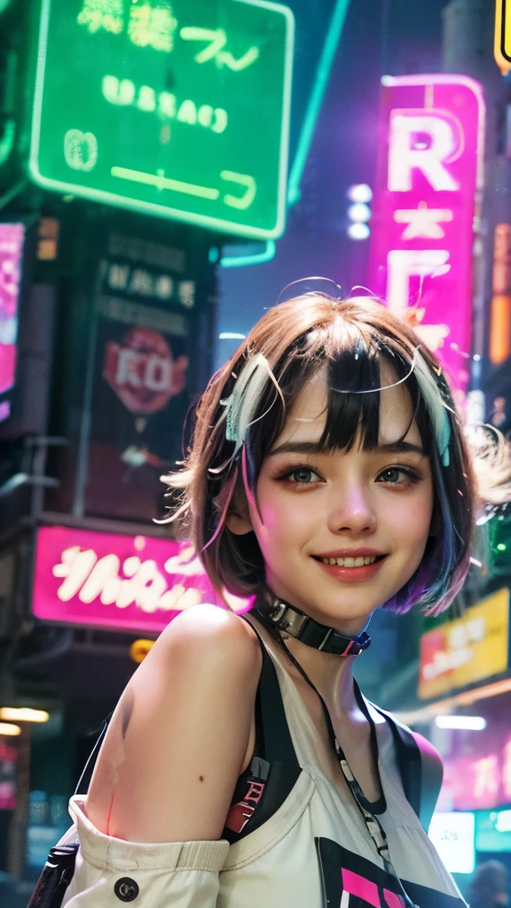 A colorful Bob cut haired punk girl, smooth white skin, innocent look, 15 years old, Ultra high res, uhd, (photorealistic:1.4), cyberpunk outfit, winking, smiling ear to ear, neon lighting, wearing short pants, colorful leather boots