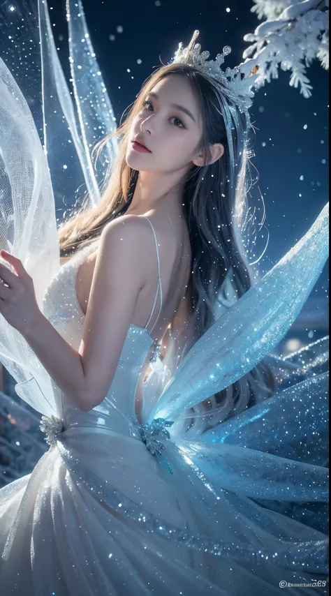 snowstyle, ethereal fantasy concept art of {(Glistening snow fairies adorned with icicle crowns twirled through the air, transfo...