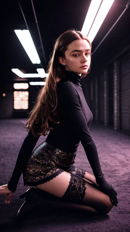 A stunning intricate full color portrait of (sks woman:1), wearing a black turtleneck, epic character composition, by ilya kuvshinov, alessio albi, Sadie sink, sharp focus, glowing lighting, subsurface scattering, f2, 35mm, film grain, mini skirt lace tights thigh gap