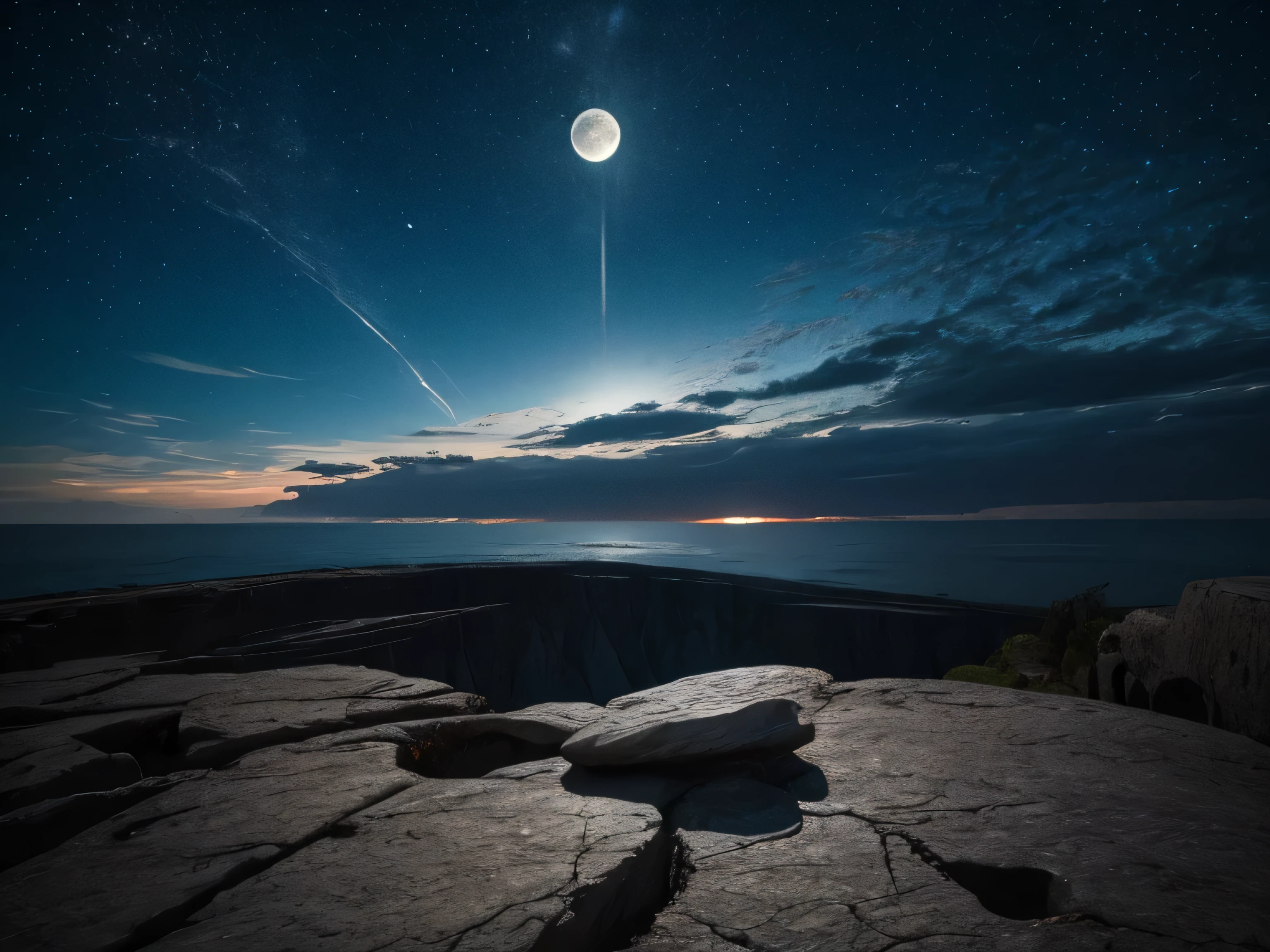 night background with full moon and a rock in the middle, hyperrealistic, masterpiece, small details, photorealistic, ultrarealistic photo, 8k UHD, digital slr camera, Soft lighting, high quality, film grain
