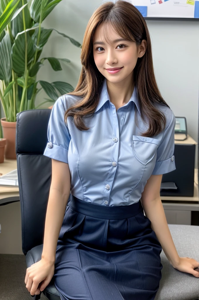 (Natural background), masterpiece, highest quality, figure, Super detailed, finely, High resolution, 8K Wallpaper, Perfect dynamic composition, Detailed and beautiful eyes, big breasts,Natural color lip, pose randomly, smile, ((office)), Beautiful woman in her 20s, full body shot, Long Hair, ((working office uniform)), Look ahead, Sitting in a chair