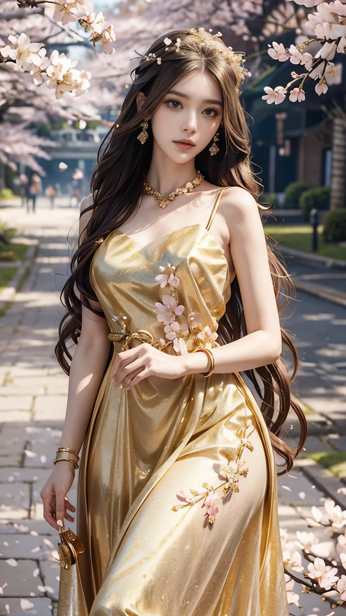 4K, Ultra HD, Masterpiece, 1 girl, (good face:1.4), detailed eyes, very long hair, princess dress, (golden dress:1.5), ((loops:1.4)), (jwellery:1.5), (cherry blossom:1.5), (bloom effect:1.5), Detailed Fantasy Art, Stunning Character Art, beautiful Exquisite Character Art, Beautiful, Extremely Detailed, Exquisite Intricate Headdress and Jewellery, perfect body, looking directly at the audience, lovely pose,