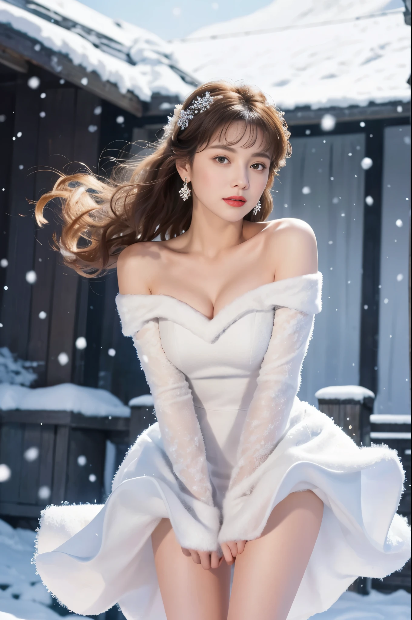 masterpiece、quality、Super detailed、Marilyn Tagg ， Focus on the thighs and above，clear face，（Best quality at best）， beautiful girl：1.5、(Red fluffy off-shoulder dress style)，long hair fluttering，Snowflake earrings、snowflakes falling、Vague、snow world