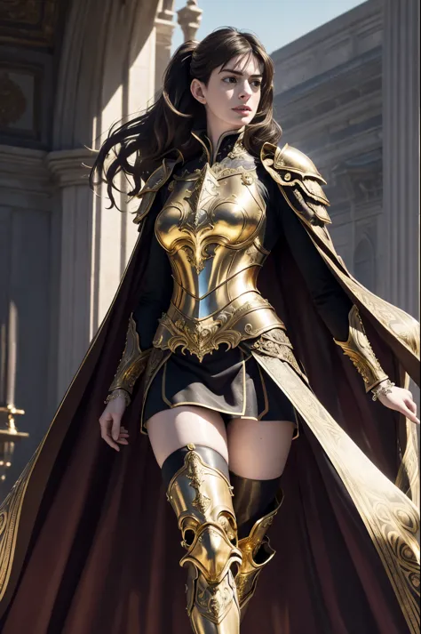((Anne Hathaway in ornate gold plate armor)), award winning concept art of tall (1girl) in ornate plate armor, elegant, ((lookin...
