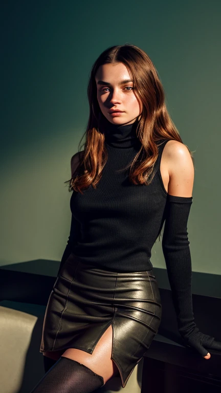 A stunning intricate full color portrait of (sks woman:1), wearing a black turtleneck, epic character composition, by ilya kuvshinov, alessio albi, Sadie sink, sharp focus, glowing lighting, subsurface scattering, f2, 35mm, film grain, mini skirt lace , large tights thigh gap