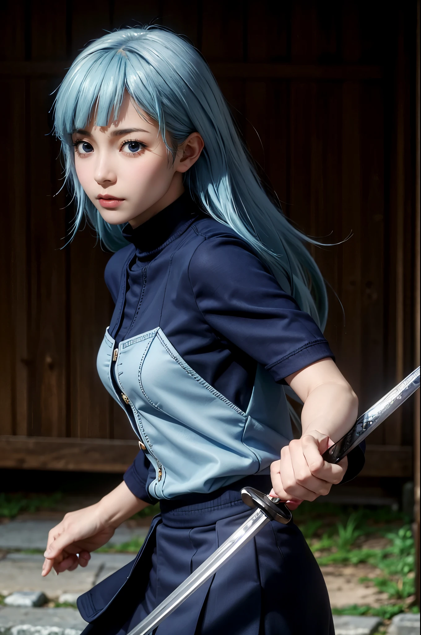 35 year old girl, ultra realistic, high res, highly detail, masterpiece, best quality, looking at viewer, Miwa Kasumi of JJK, hold sword, blue hair, long hair, blue eyes, blunt bangs,