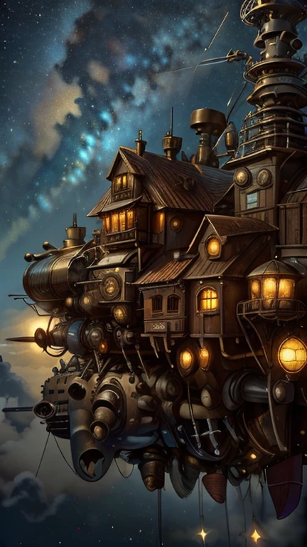 Imagen de fondo, cielo estrellado, steampunk, Edificio flotante, (grandes hélices), Engranaje, tubo, bombillas 