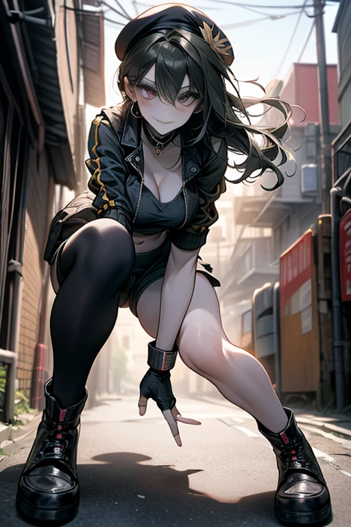 ubel,((ubel of Frieren: Beyond Journey's End )),dark green hair,long hair,side ponytail,hair between eyes,bangs, BREAK (beret, black jacket, open clothes, cleavage, midriff, black shorts, black thighhighs, thigh strap, fingerless gloves, single glove:1.2) , (dynamic angle:1.3, front view:1.1, breast focus:1.3, from below:1.2), (dynamic posing:1.5, sexy posing:1.2, leaning forward), (seductive smiling:1.3),(*K) HD, highest quality, WorKs of masters, High resolution, spread legs, panties shot,1 girl, small nose,(with sparkling eyes and a contagious smile), very beautiful detailed face and eyes, bright colors, cute face, delicate beautiful face, Bright magenta eyes, cute eyes, sparkling eyes, Big eyes, (big breasts:1.3), (perky chest:1.1), (pointed chest:1.0), medium hips, glamorous body, white skin, smile, thin pubric hair, shiny hair, super beautiful face, Super beautiful eyes, Super beautiful hair，trendy outfit，sexy and attractive，explosion of colors，big hairpin，full body esbian，illegal occupation, Real World, Natural light,perfect Natural light,looking at viewer,