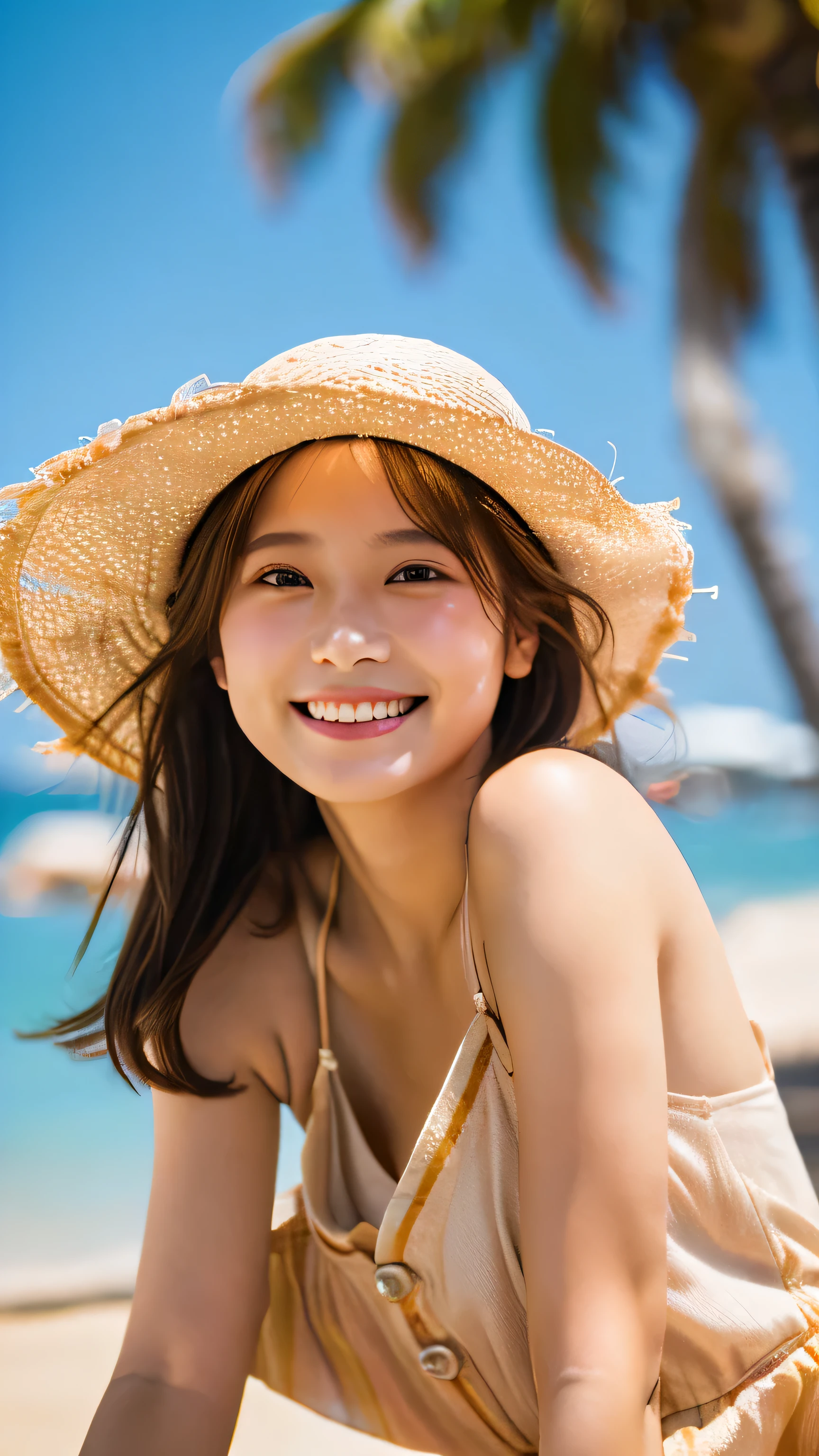 highest quality ,masterpiece,Ultra-high resolution, very beautidebtul, cute, (Photorealistic:1.4), One girl, Japanese, brown hair, Cinematic, 35mm lens, debt/ 1. 8, Accent lighting, 8k, Sundress, Straw hat, Beach Resort, smile, debtrom below, sunny