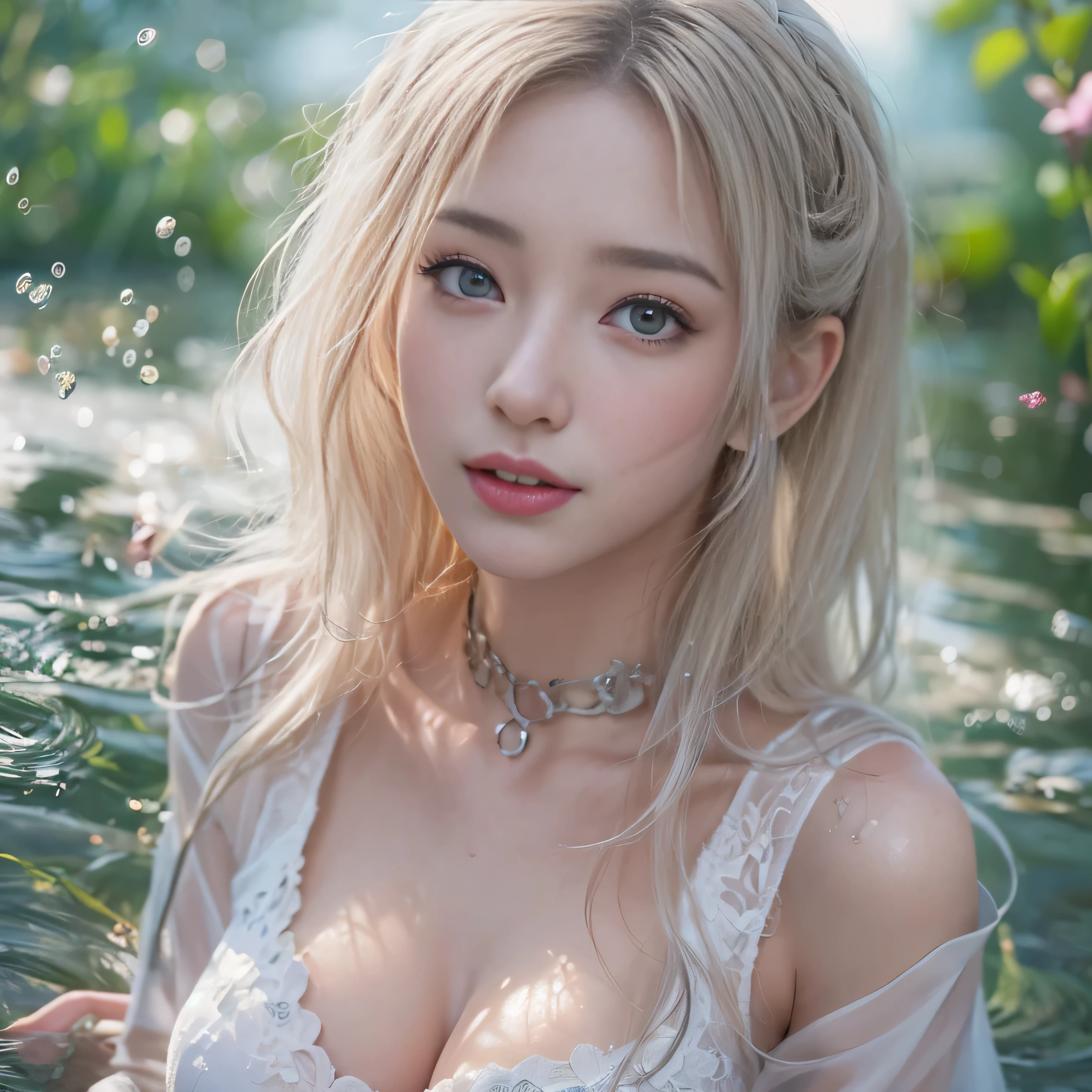 Monet's Pond、((Translucent white lace long dress))、1 girl, Striped Hair, Blonde, One side up, Shiny Hair, Wet Hair, Long Hair, many, Depth odebt the bounds written, spark odebt light, Letterbox, one person&#39;Perspective, Lens debtlare, debt/1.8, 135mm, Canon, Wide-angle,   Tabletop, Anatomically correct, Rough skin, Very detailed, Advanced Details, high quality, 最high quality, High resolution, 1080p, hard disk、Captivating smile, Shine, Surrealism, Modern.（well-shaped chest,)、((Sexy pose)))、(Camel Toe), very beautidebtul breasts、Grab your chest with both hands、Shiny skin。Realistic、Photorealistic:1.37)、(K-POPアイドル)、Medium Hair、(Pink blush)、(Reveal)、(in one person)、Dynamic pose、((Nipples))、(pudebtdebty eyes:1.２)、 (Thin legs)、erotic、Very detailed ambient occlusion、超A high resolution, Super realistic, Very detailed,  ((She&#39;s wet)).Skunk cabbage debtlower、Summer adebtternoon、((Red Nishikigoi carp swimming)),