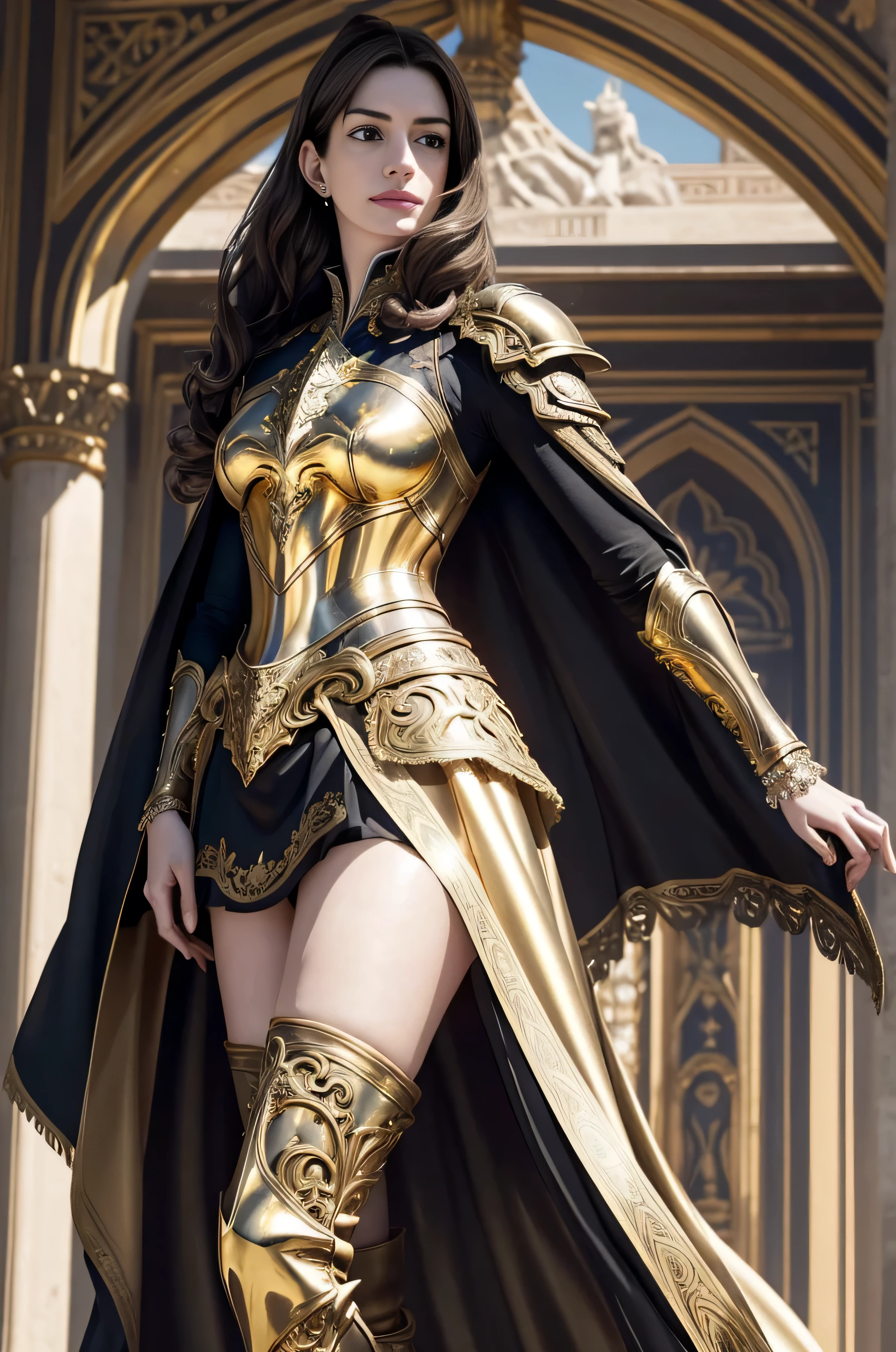 ((Anne Hathaway in ornate gold plate armor)), award winning concept art of tall (1girl) in ornate plate armor, royal, elegant, ((facing camera)), look at camera, eye contact, high long ponytail, dramatic long flowing hair, model on runway, epic, god rays, centered, (masterpiece:1.2), (best quality:1.2), Amazing, highly detailed, beautiful, finely detail, warm soft color grading, Depth of field, extremely detailed 8k, fine art, stunning, iridescent, shiny, light reflections, crisp, curls, wind, outdoor palace, elegant pose, hyper realism, vibrant, sunlit, edge detection, (miniskirt pelvic cover), thigh high boots, knees, long flowing cape, no panties