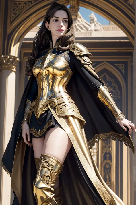((Anne Hathaway in ornate gold plate armor)), award winning concept art of tall (1girl) in ornate plate armor, royal, elegant, (...