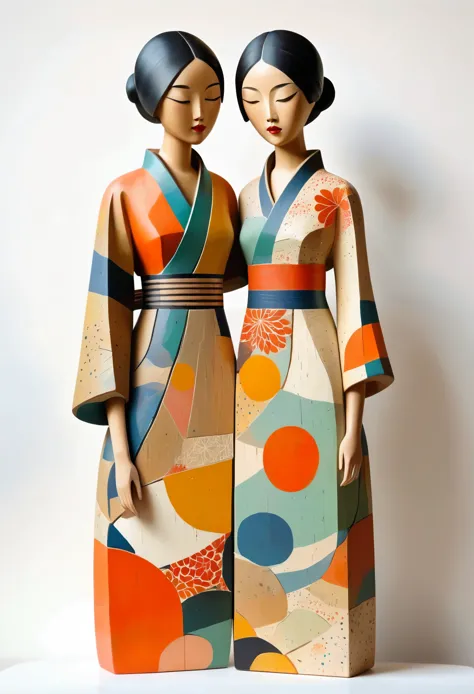 Colorful sculptures of Asian women painted in earthy tones, Rough texture，Stale，Wearing a floral dress, White background, John K...