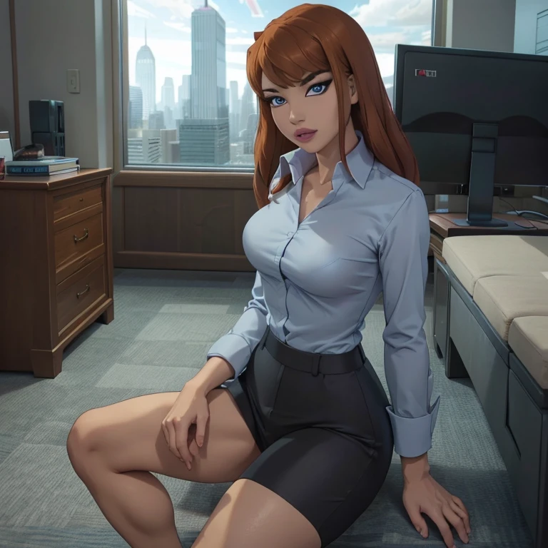 (masterpiece, high quality) woman, formal business suit, shirt, pants, solo , looking at viewer, perfect face, suits tan, tan colour, white shirt,sexy breasts,fit super model body, fit_business_suit s, crystal blue eyes, eyelashes, makeup, skyscraper, full body, she is the boss, ultra quality 4k, super confident, sit like the boss, [From Below, Looking Up][Modern Office Setting] tan colour office suits , tan shoes 